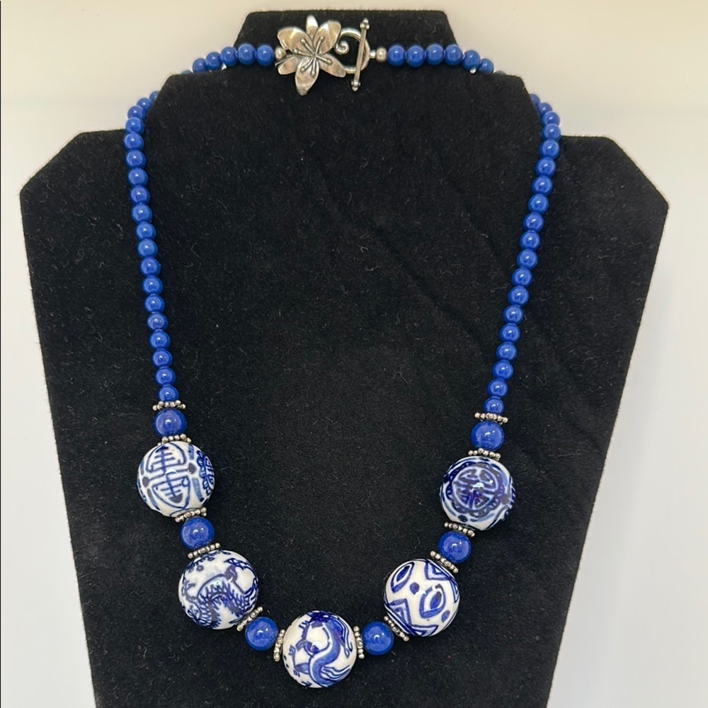 JADE Blue  Silver Beaded Necklace with Intricate Design​​​
